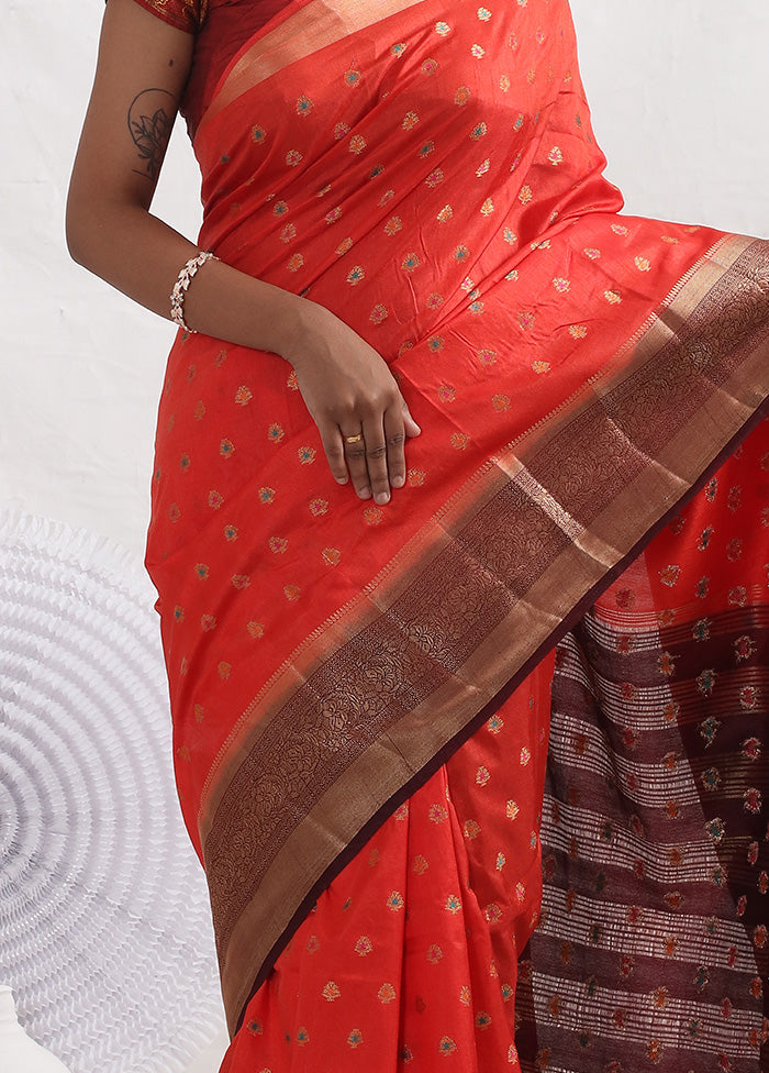 Red Dupion Silk Saree With Blouse Piece - Indian Silk House Agencies