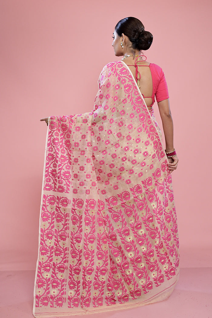 Cream Tant Cotton Saree Without Blouse Piece - Indian Silk House Agencies