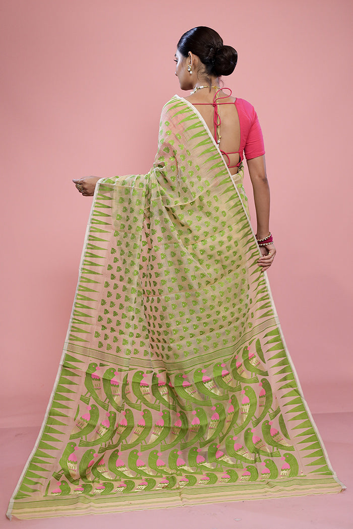 Cream Tant Cotton Saree Without Blouse Piece - Indian Silk House Agencies