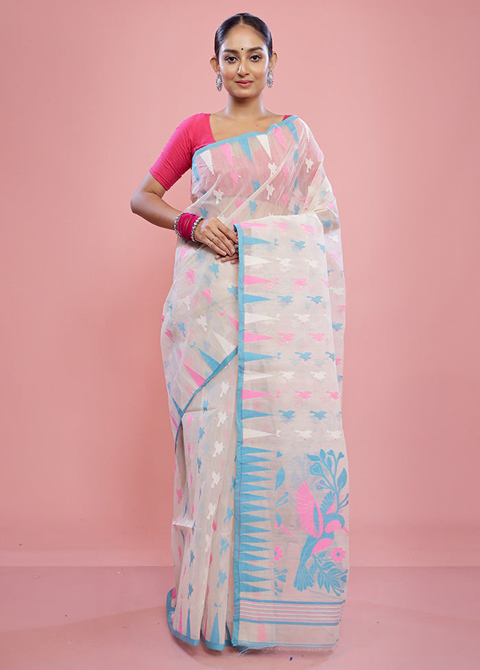 White Tant Cotton Saree Without Blouse Piece - Indian Silk House Agencies