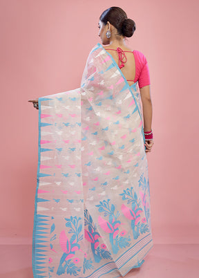 White Tant Cotton Saree Without Blouse Piece - Indian Silk House Agencies