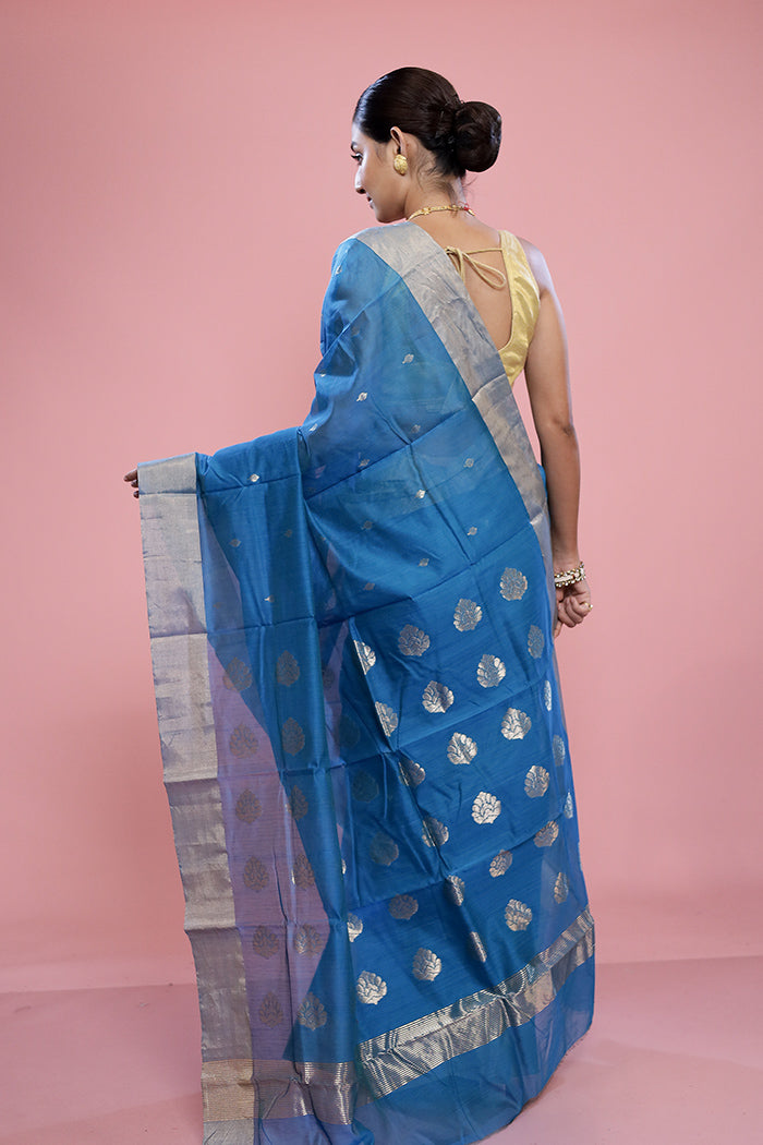 Blue Chanderi Cotton Saree With Blouse Piece - Indian Silk House Agencies