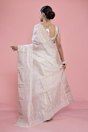 White Chanderi Pure Cotton Saree With Blouse Piece - Indian Silk House Agencies