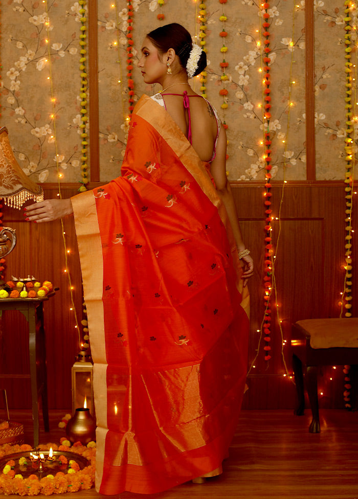 Orange Chanderi Pure Cotton Saree With Blouse Piece - Indian Silk House Agencies