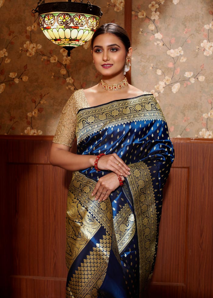 Midnight Blue Pure Banarasi Silk Saree With Blouse Piece - Indian Silk House Agencies