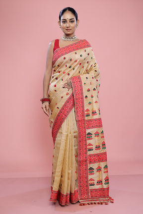 Cream Assam Pure Silk Saree With Blouse Piece - Indian Silk House Agencies