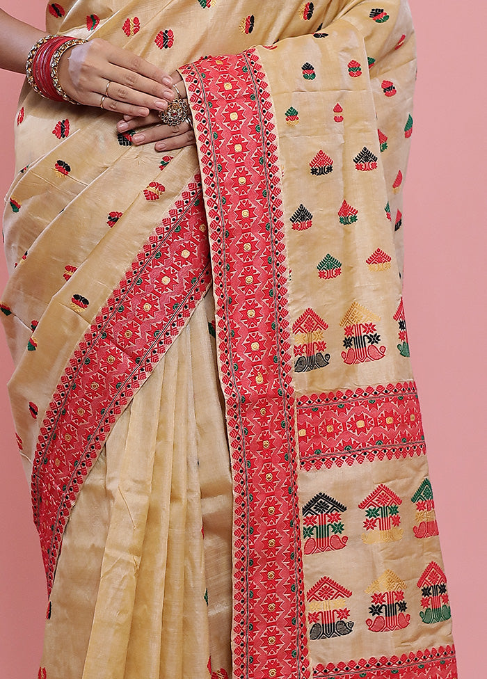 Cream Assam Pure Silk Saree With Blouse Piece - Indian Silk House Agencies