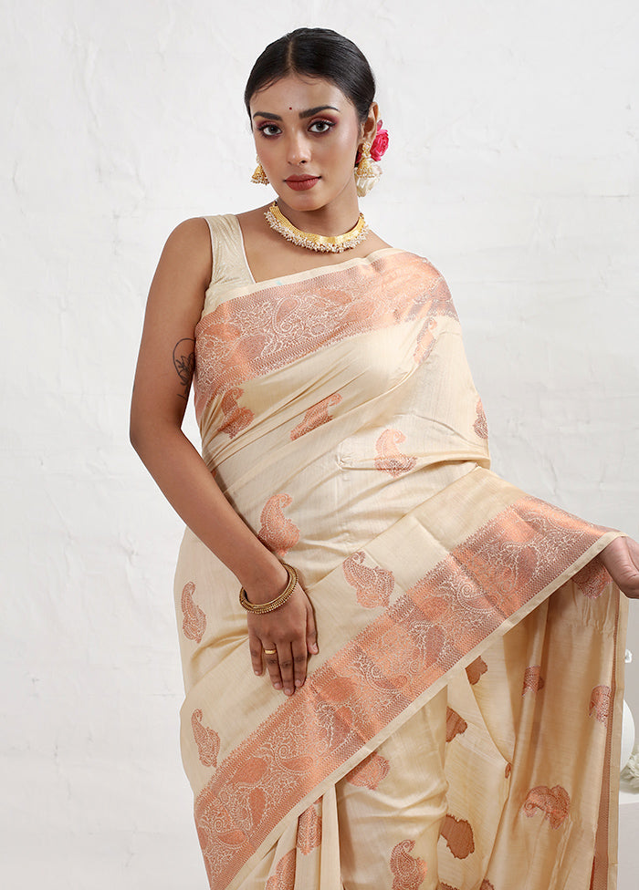 Cream Dupion Silk Saree With Blouse Piece - Indian Silk House Agencies