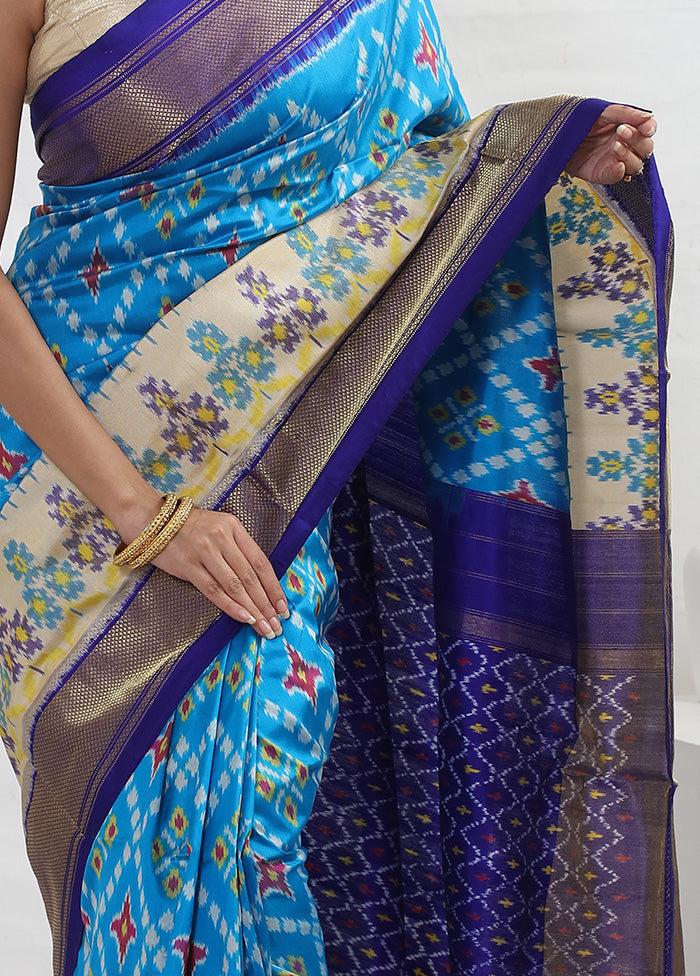 Blue Pure Silk Rajkot Patola Saree With Blouse Piece - Indian Silk House Agencies