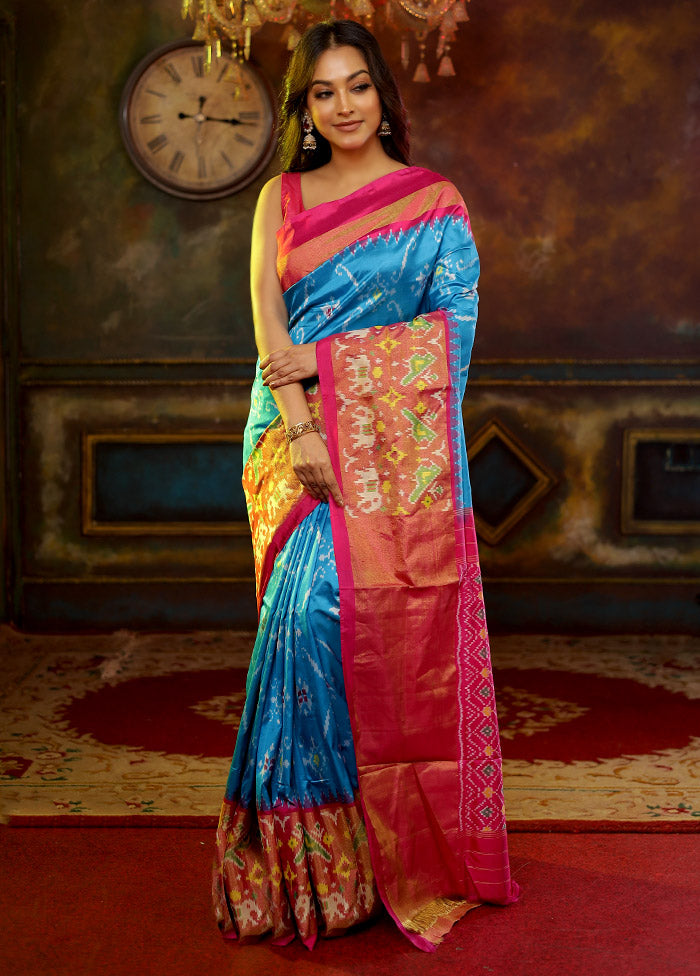 Blue Pure Silk Rajkot Patola Saree With Blouse Piece - Indian Silk House Agencies