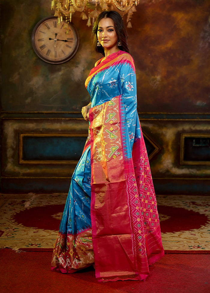 Blue Pure Silk Rajkot Patola Saree With Blouse Piece - Indian Silk House Agencies