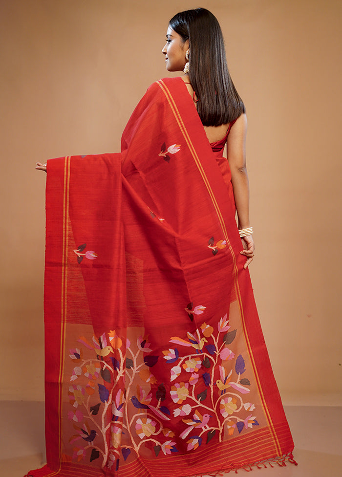 Red Matka Pure Silk Saree With Blouse Piece - Indian Silk House Agencies