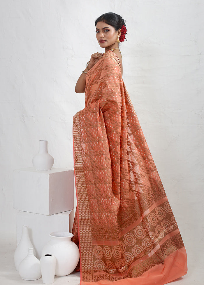 Peach Cotton Saree With Blouse Piece - Indian Silk House Agencies