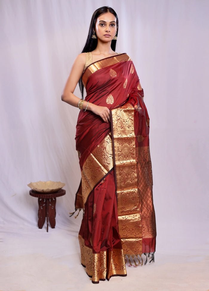 Maroon Kanjivaram Silk Saree With Blouse Piece - Indian Silk House Agencies