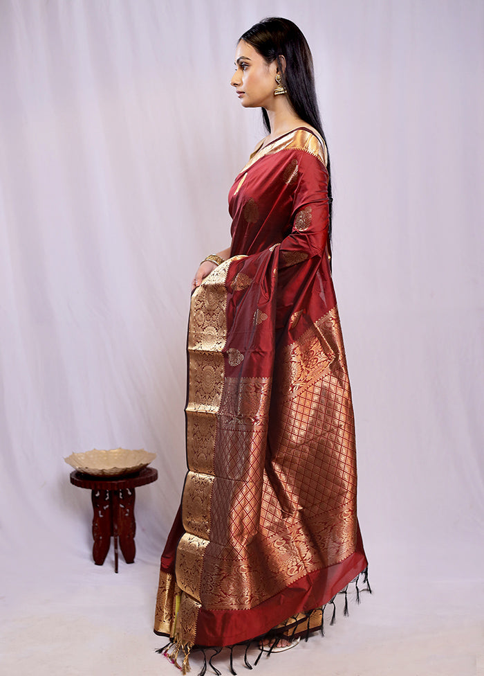 Maroon Kanjivaram Silk Saree With Blouse Piece - Indian Silk House Agencies