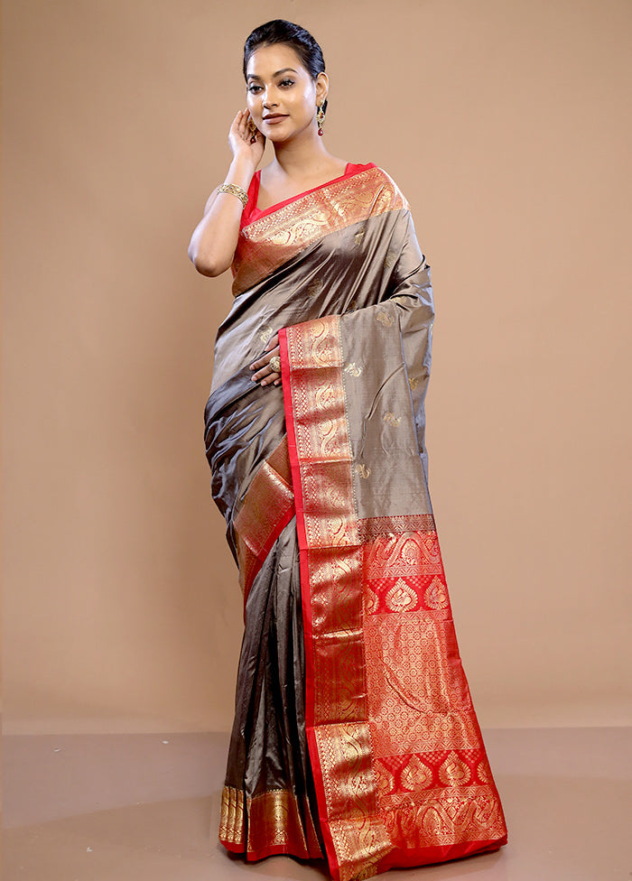 Grey Kanjivaram Pure Silk Saree With Blouse Piece - Indian Silk House Agencies