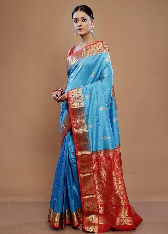 Blue Kanjivaram Pure Silk Saree With Blouse Piece - Indian Silk House Agencies