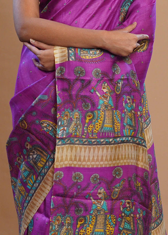 Purple Printed Pure Silk Saree With Blouse Piece - Indian Silk House Agencies