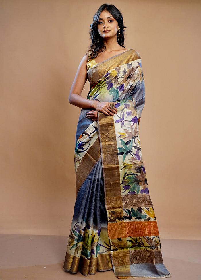 Grey Tussar Silk Saree With Blouse Piece - Indian Silk House Agencies