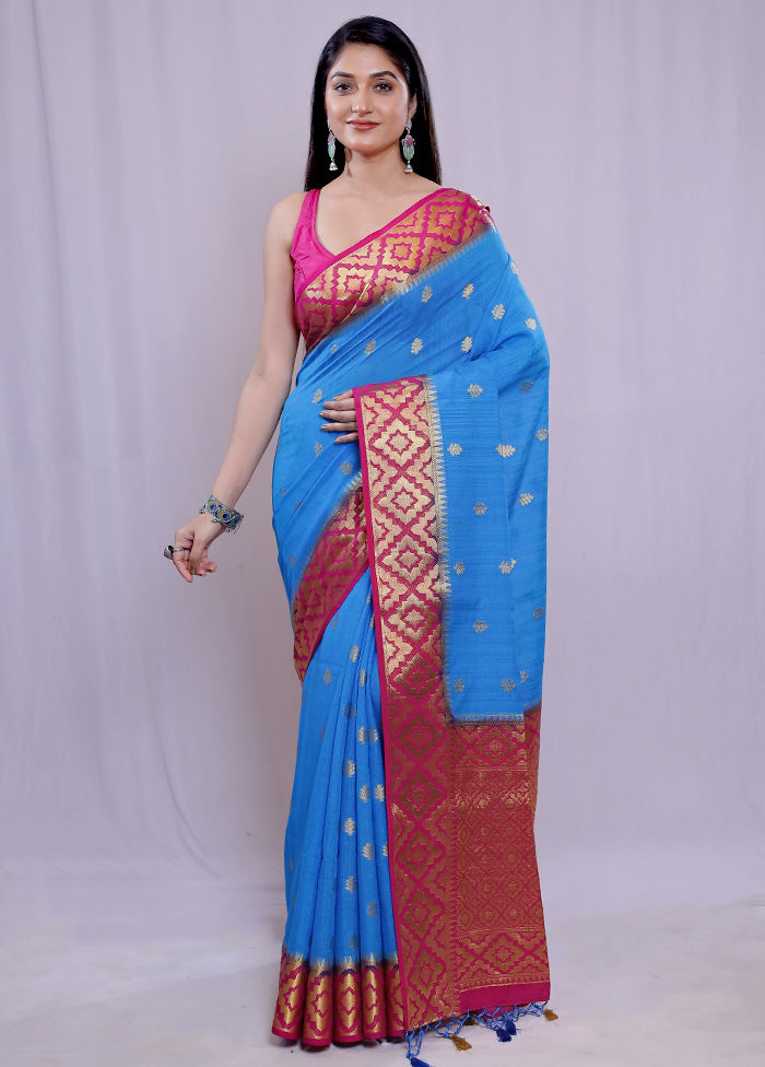 Blue Dupion Silk Saree With Blouse Piece - Indian Silk House Agencies