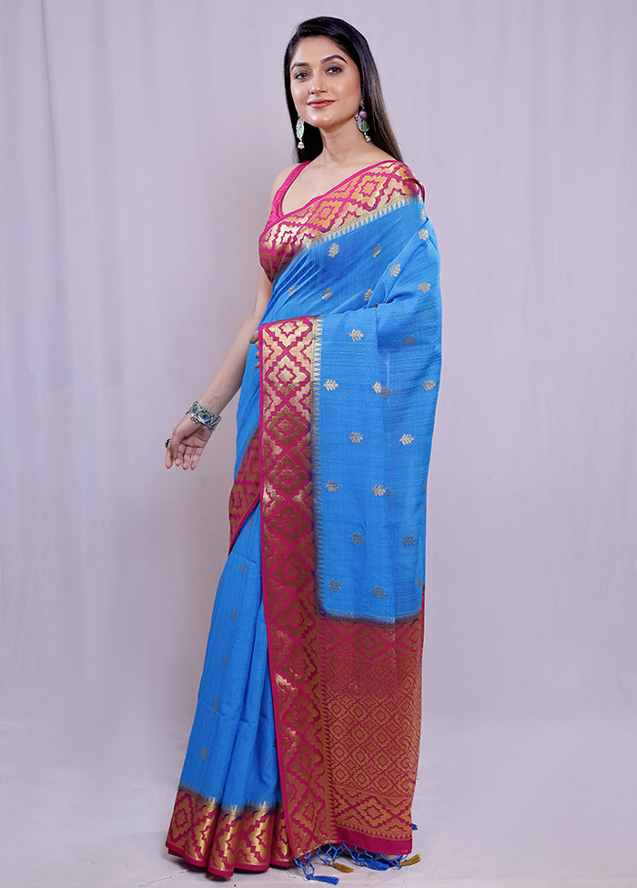 Blue Dupion Silk Saree With Blouse Piece - Indian Silk House Agencies