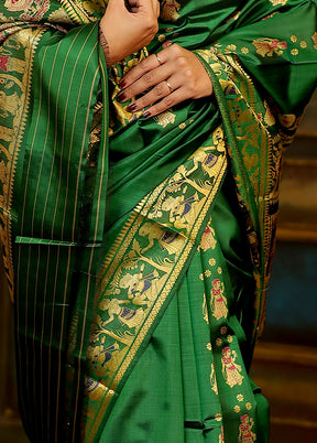 Green Baluchari Pure Silk Saree With Blouse Piece - Indian Silk House Agencies