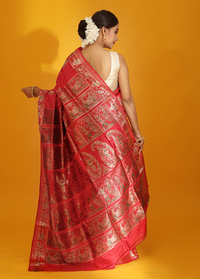 Red Baluchari Pure Silk Saree With Blouse Piece - Indian Silk House Agencies