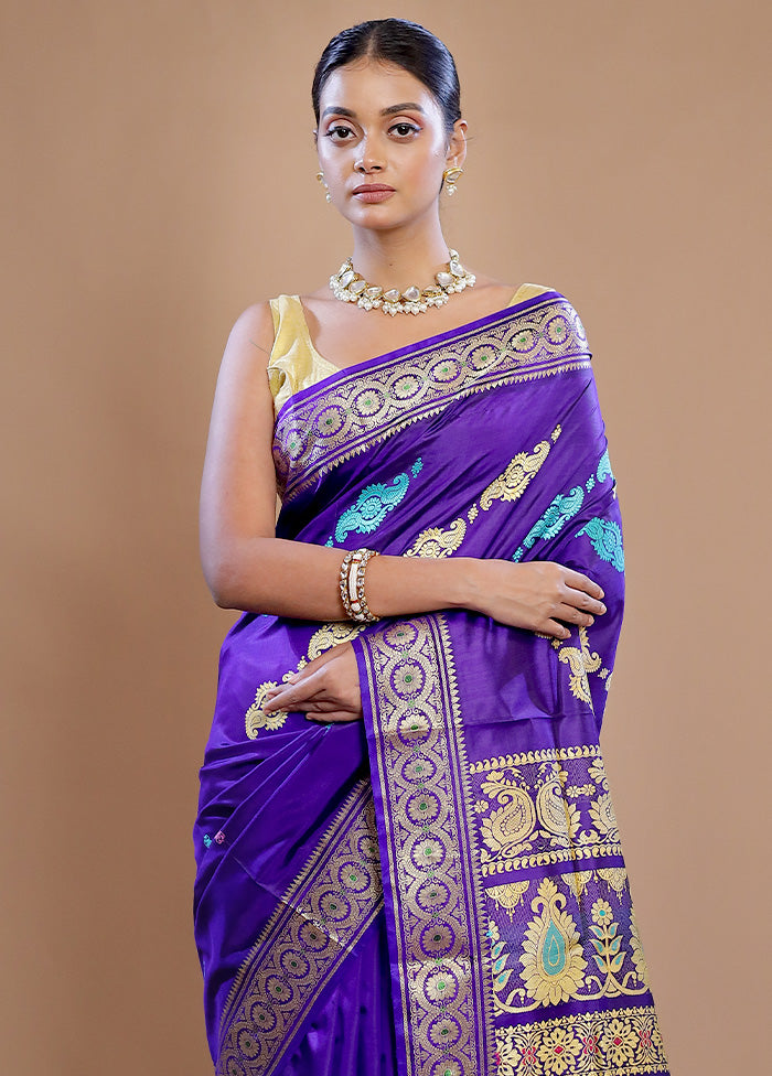 Purple Baluchari Pure Silk Saree With Blouse Piece - Indian Silk House Agencies