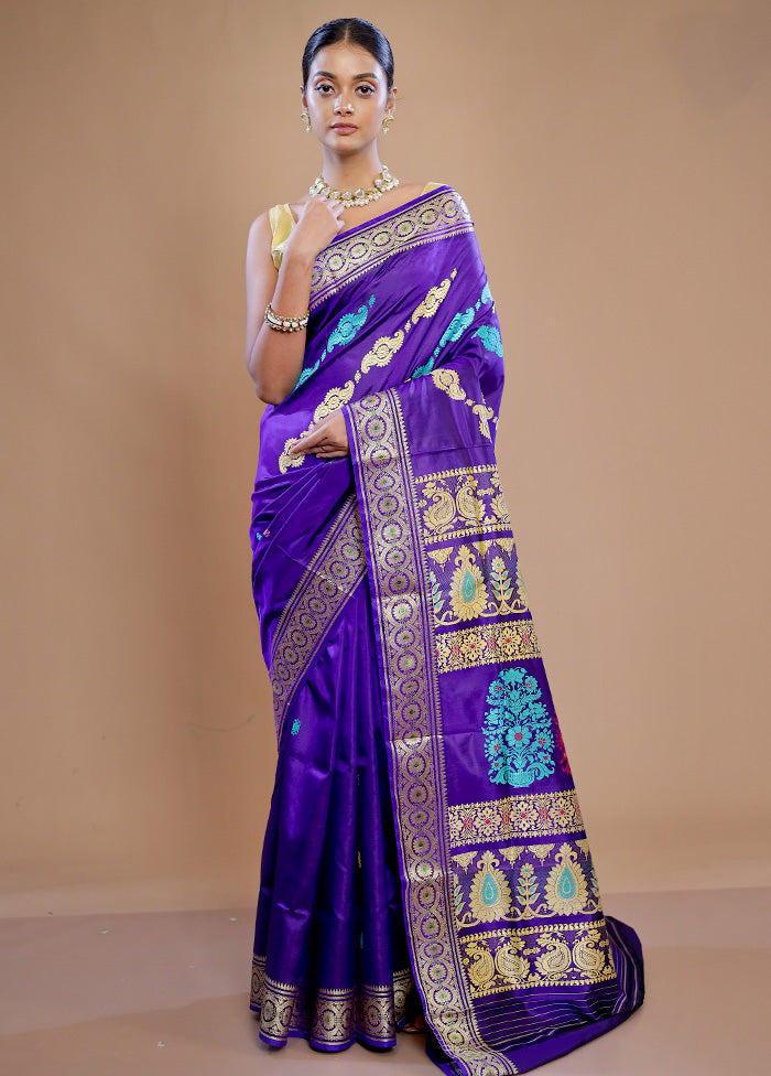 Purple Baluchari Pure Silk Saree With Blouse Piece - Indian Silk House Agencies