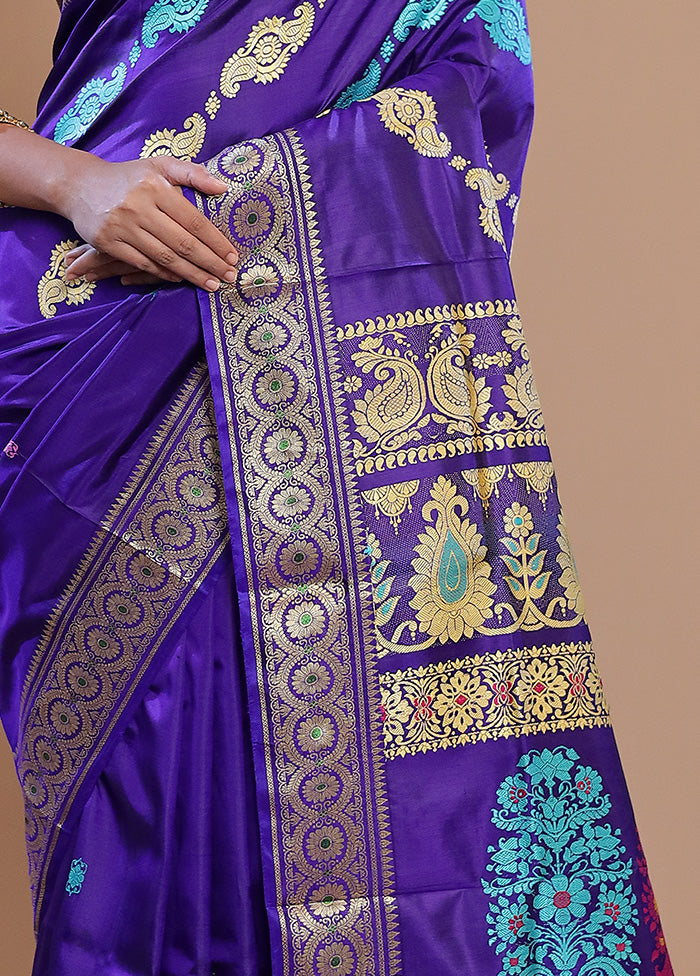 Purple Baluchari Pure Silk Saree With Blouse Piece - Indian Silk House Agencies