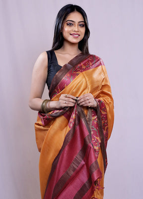 Peach Tussar Pure Silk Saree With Blouse Piece - Indian Silk House Agencies