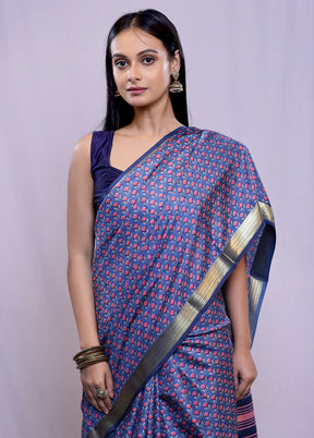 Blue Printed Pure Silk Saree With Blouse Piece - Indian Silk House Agencies