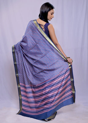 Blue Printed Pure Silk Saree With Blouse Piece - Indian Silk House Agencies