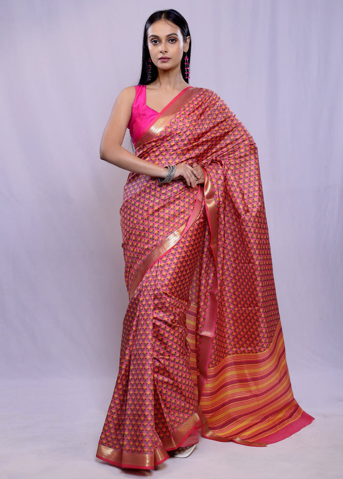 Pink Printed Pure Silk Saree With Blouse Piece - Indian Silk House Agencies