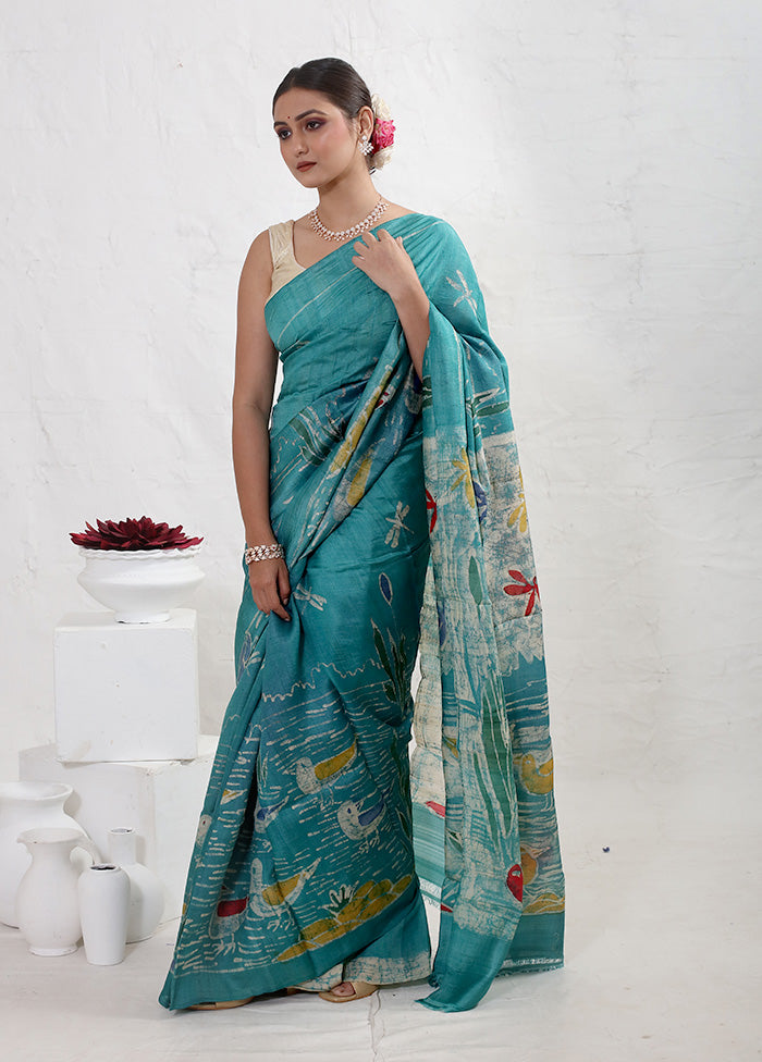 Green Tussar Silk Saree With Blouse Piece - Indian Silk House Agencies