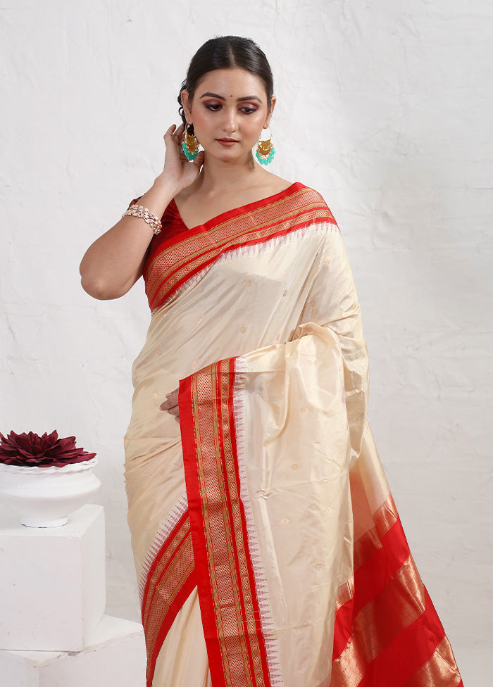 Cream Kanjivaram Pure Silk Saree With Blouse Piece - Indian Silk House Agencies