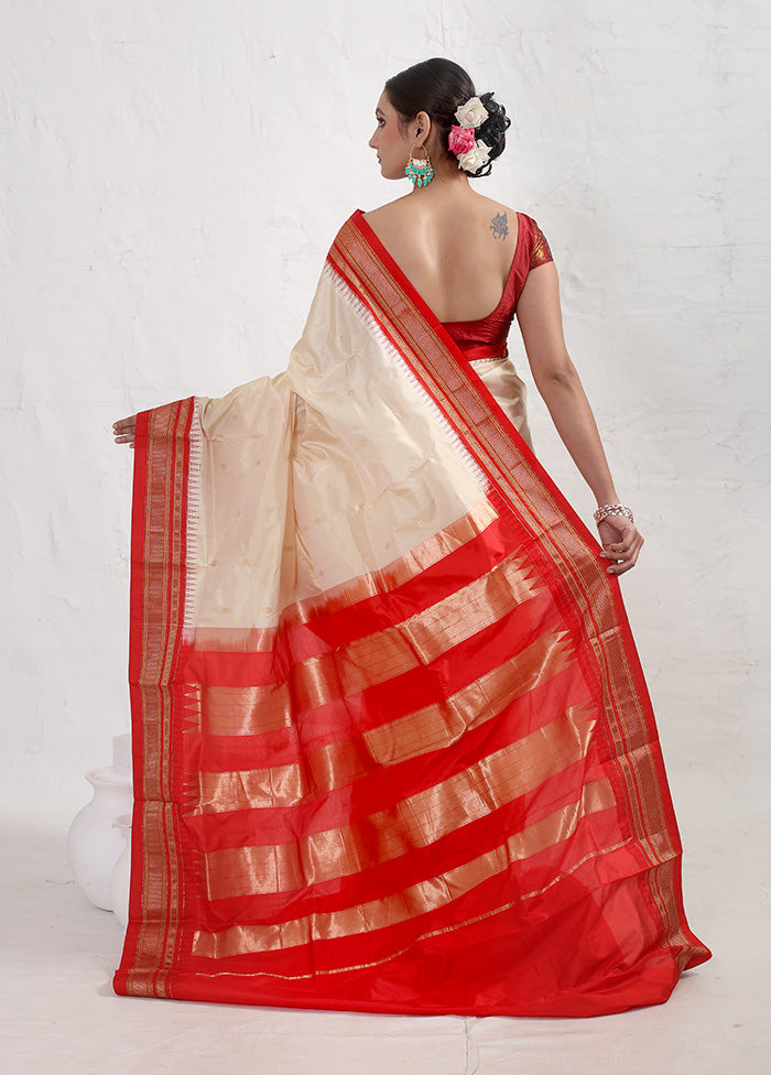 Cream Kanjivaram Pure Silk Saree With Blouse Piece - Indian Silk House Agencies