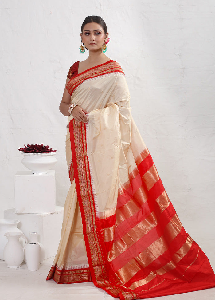 Cream Kanjivaram Pure Silk Saree With Blouse Piece - Indian Silk House Agencies