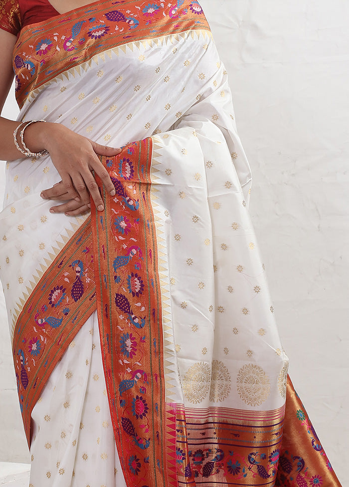 White Kanjivaram Pure Silk Saree With Blouse Piece - Indian Silk House Agencies