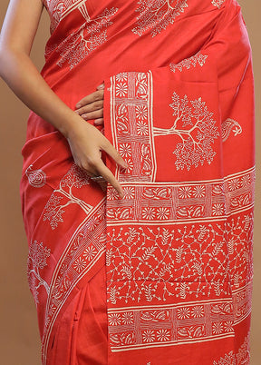 Orange Printed Pure Silk Saree With Blouse Piece - Indian Silk House Agencies