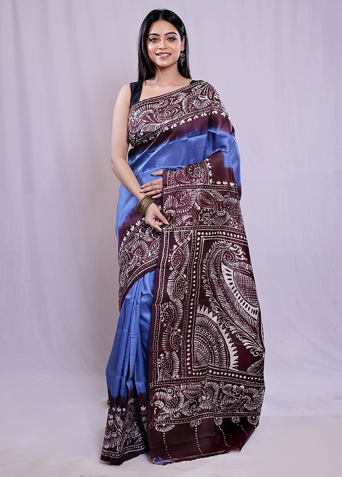 Blue Printed Pure Silk Saree With Blouse Piece - Indian Silk House Agencies