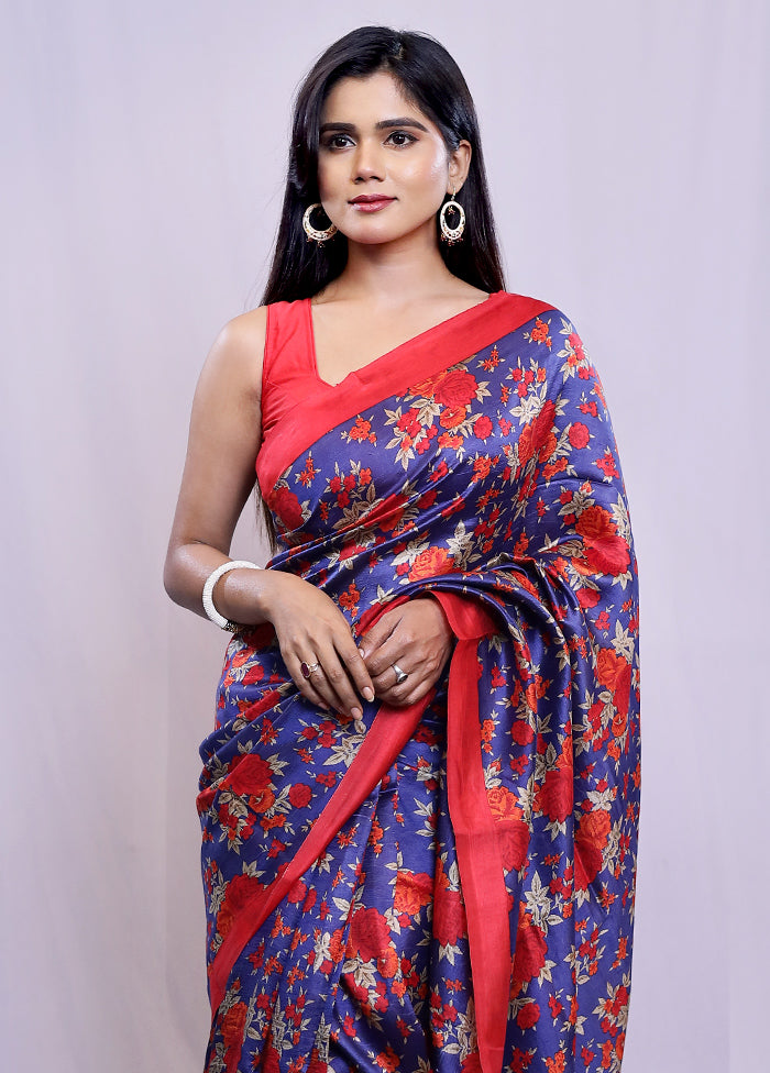 Blue Printed Pure Silk Saree With Blouse Piece - Indian Silk House Agencies