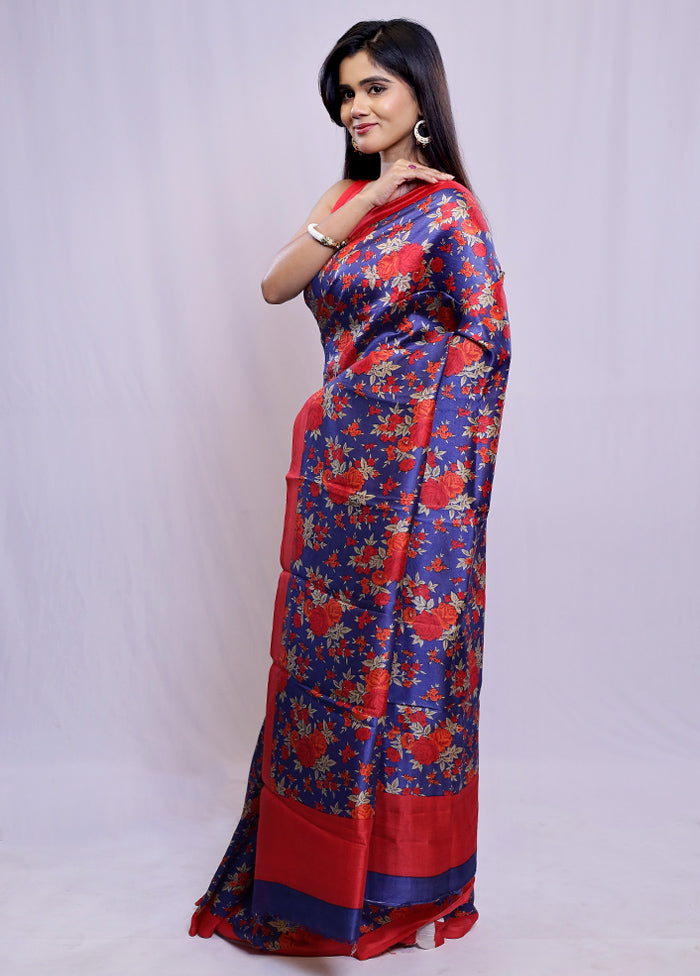 Blue Printed Pure Silk Saree With Blouse Piece - Indian Silk House Agencies