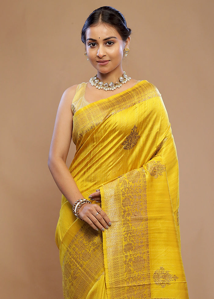 Yellow Pure Tussar Banarasi Silk Saree With Blouse Piece - Indian Silk House Agencies