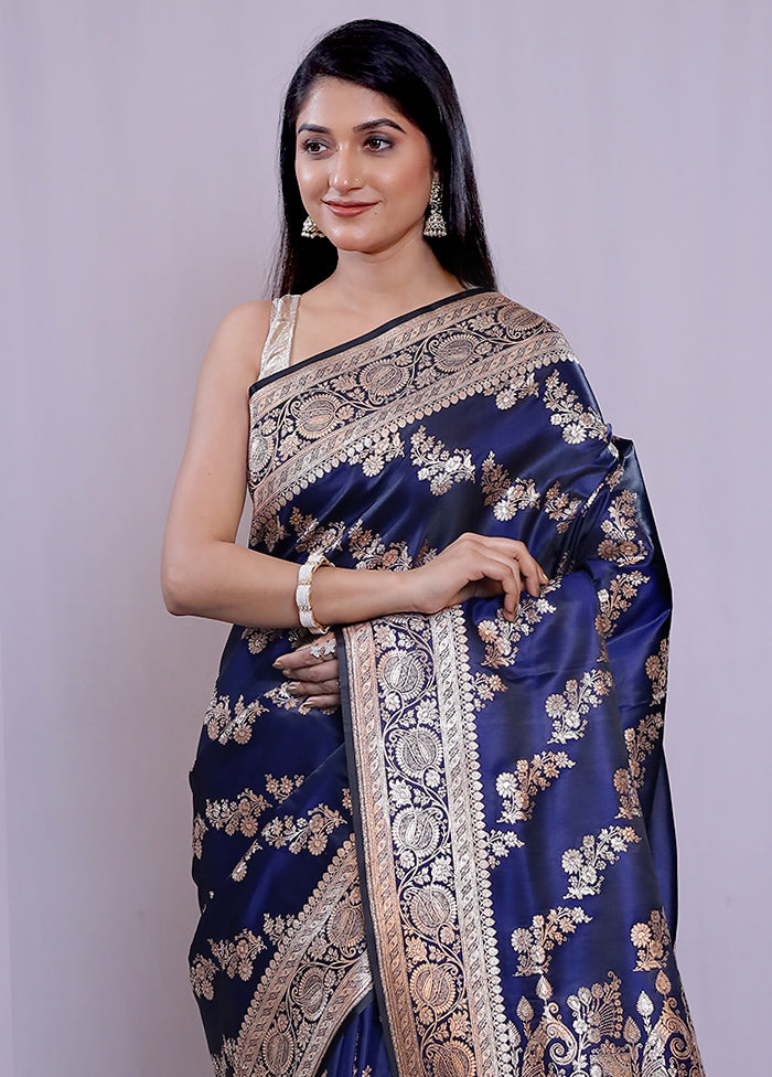 Blue Banarasi Silk Saree With Blouse Piece - Indian Silk House Agencies