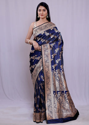 Blue Banarasi Silk Saree With Blouse Piece - Indian Silk House Agencies