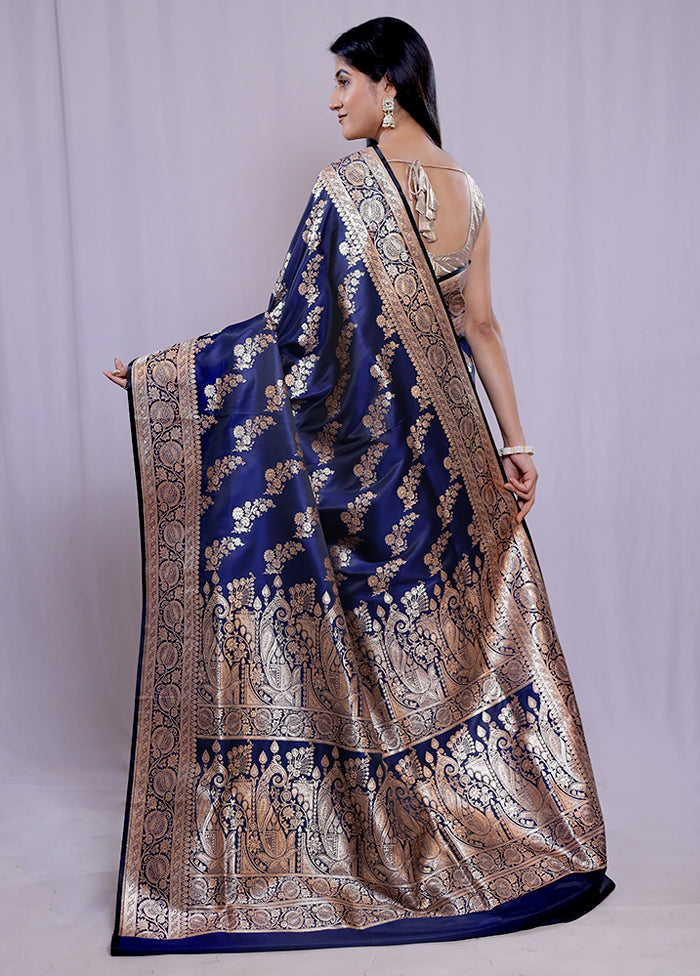 Blue Banarasi Silk Saree With Blouse Piece - Indian Silk House Agencies