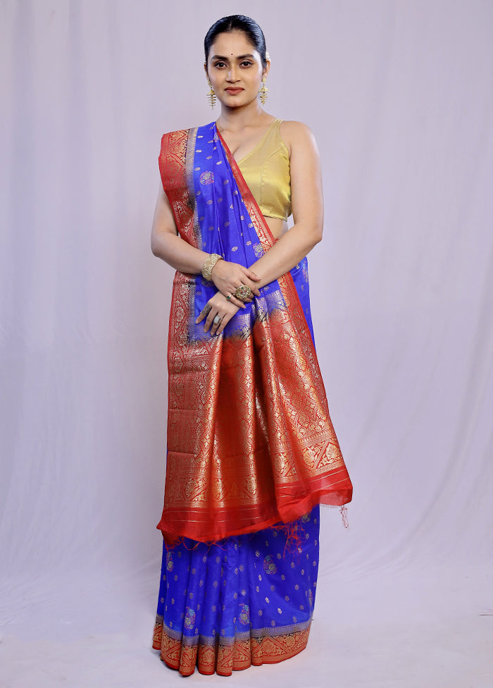 Blue Dupion Silk Saree With Blouse Piece - Indian Silk House Agencies