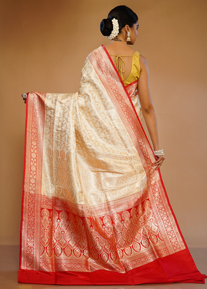 Cream Banarasi Pure Silk Saree With Blouse Piece - Indian Silk House Agencies