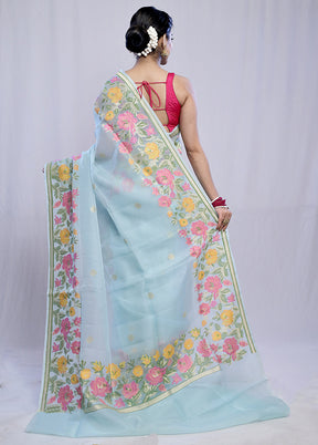 Blue Kora Pure Silk Saree With Blouse Piece - Indian Silk House Agencies